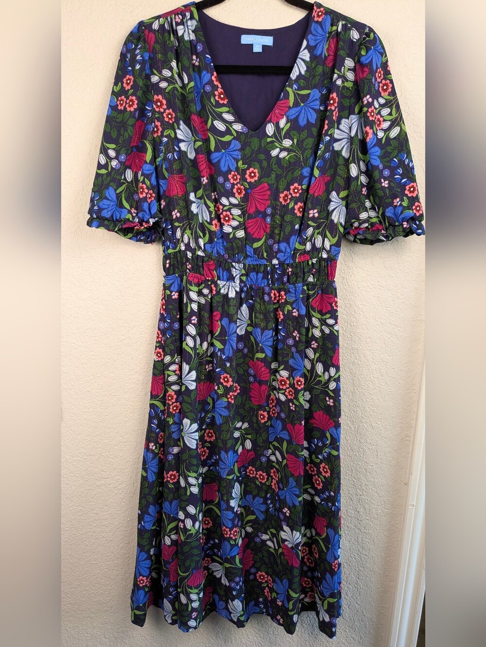 Draper James XS Midi Dress Navy Pink Floral Metallic Lined Like New Garden Chic